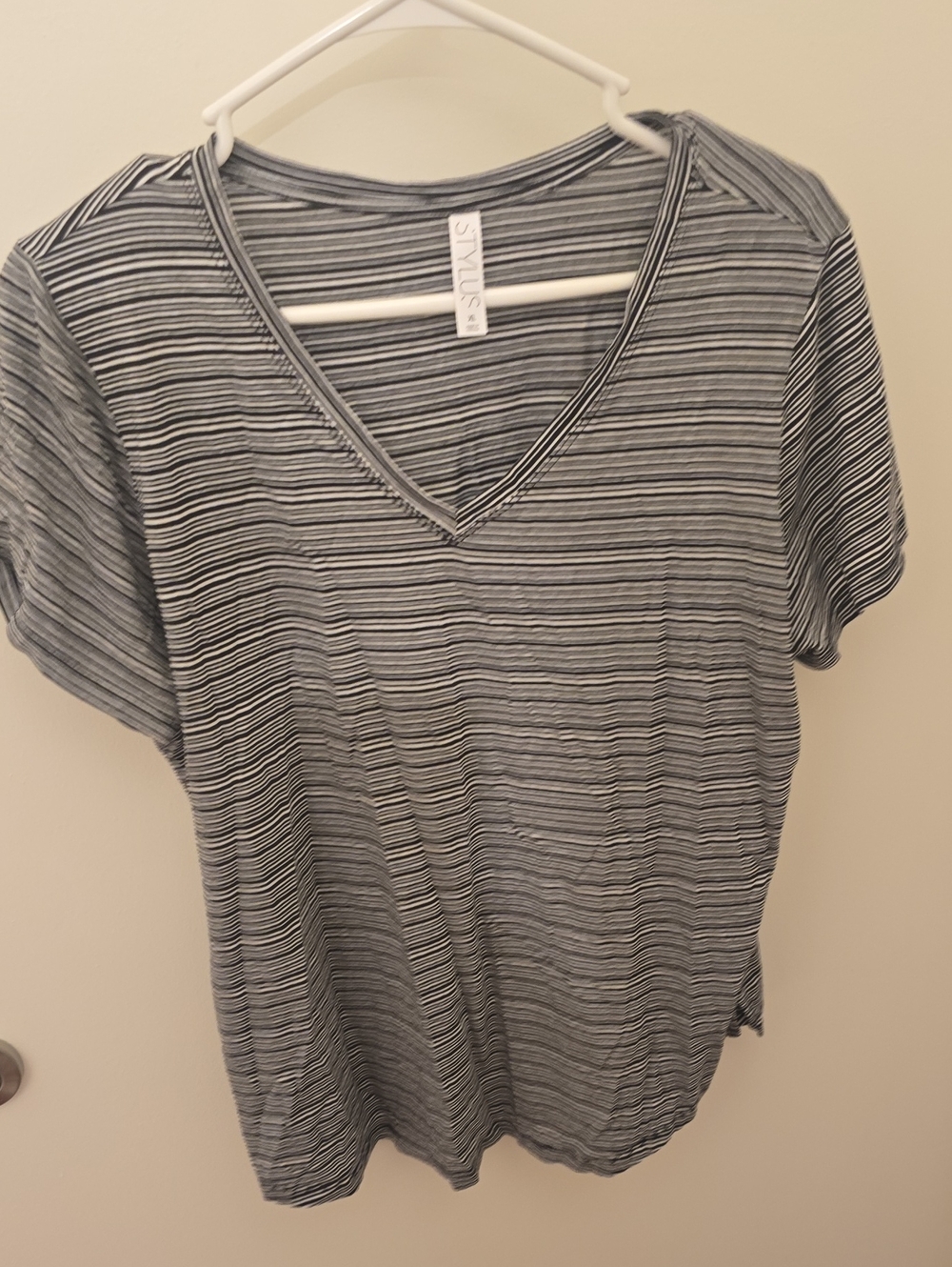 STYLUS Women's V-Neck Short Sleeve Striped Tee - Gray & Black